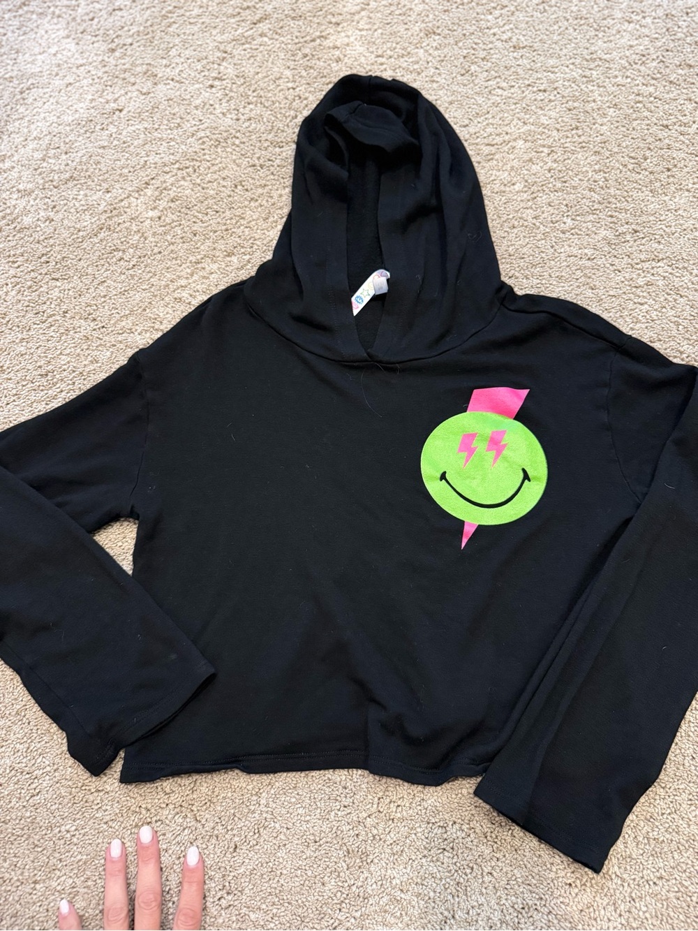 Malibu Sugar (boutique) Black Kids Hoodie with Neon Green Lightning Smile (NWOT)